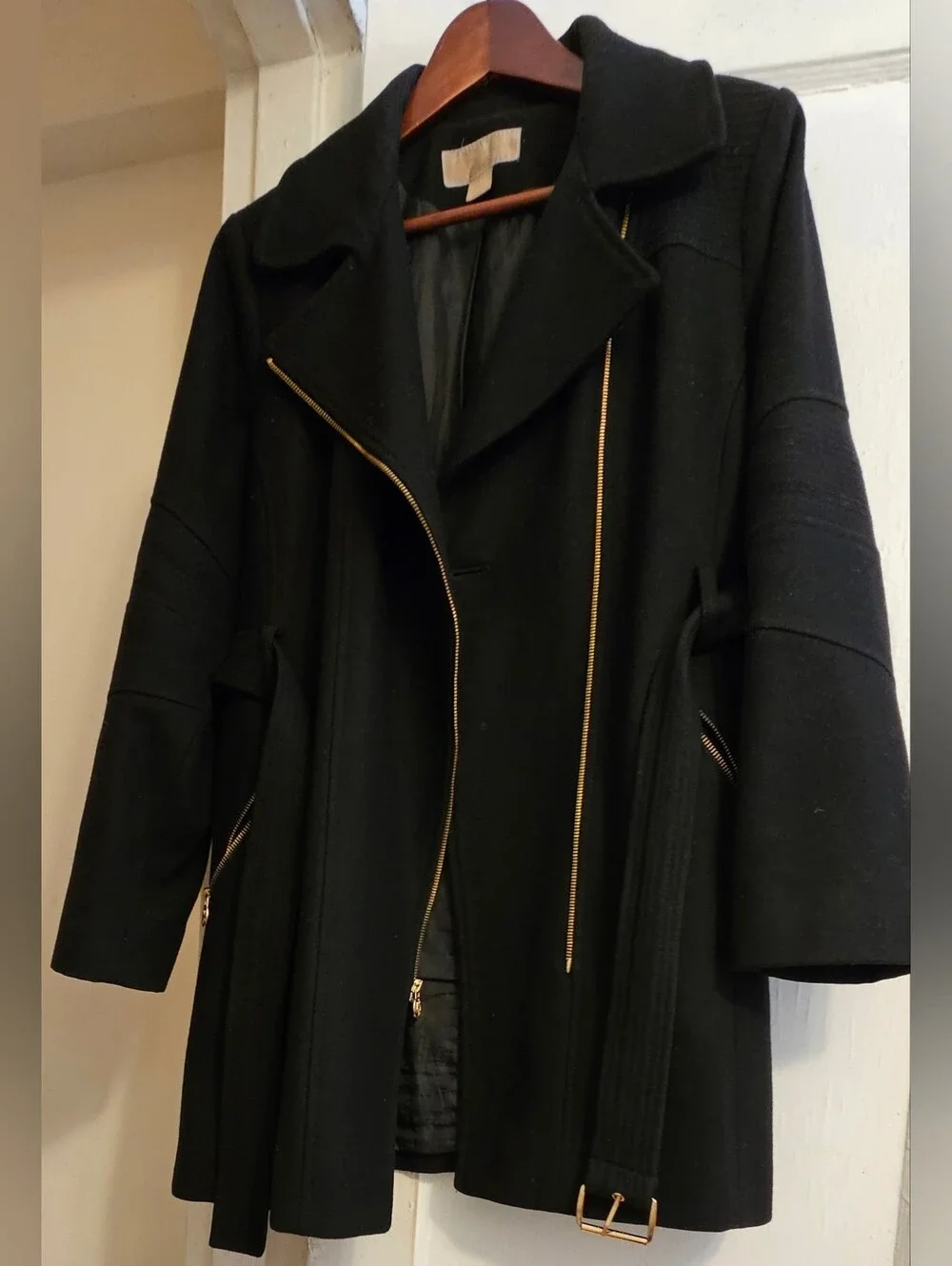 Michael Kors Black Belted Wool-Blend Coat with Gold-Tone Zippers